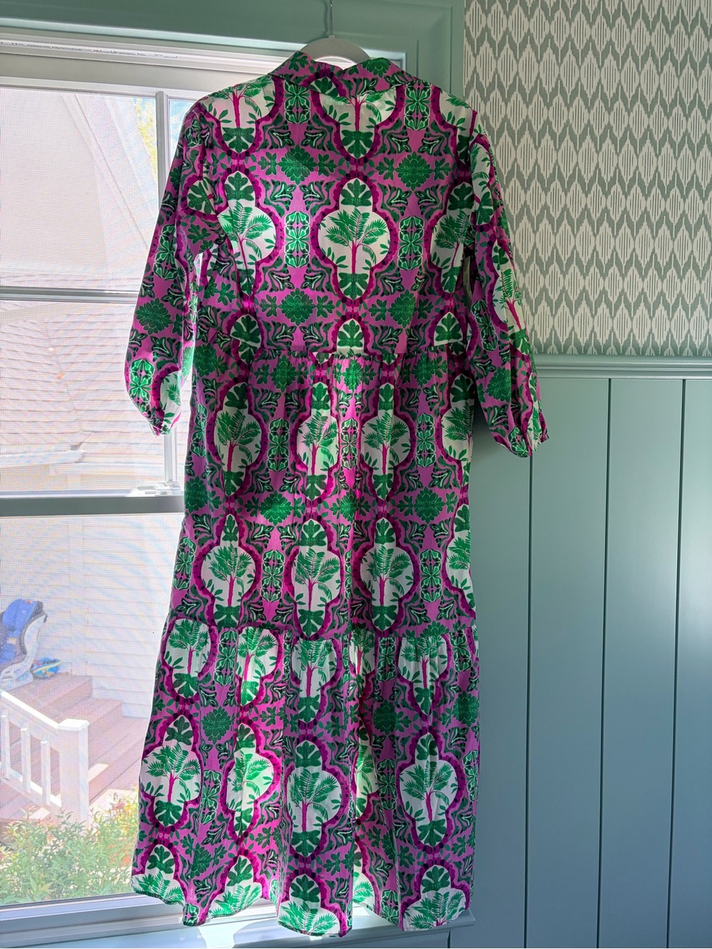ANTHROPOLOGIE BETTINA TIERED SHIRT DRESS Pink Green Palm Print Size XS - Picture 3 of 4